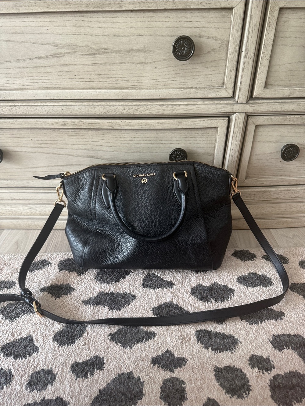 Michael Kors Black Pebbled Leather Satchel with Gold Hardware